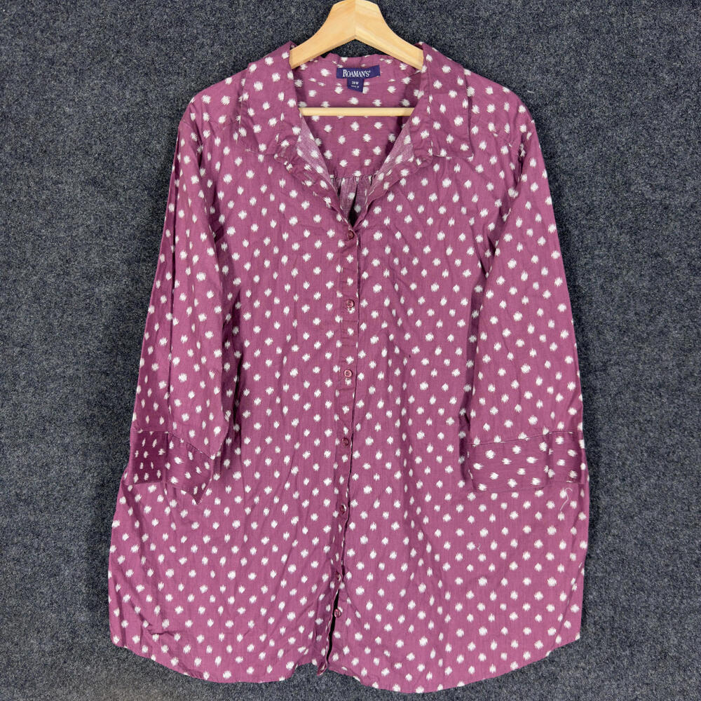 Roaman's Shirt Women 26W Plus Purple Polka Dot Button Up Collared 3/4 Sleeve